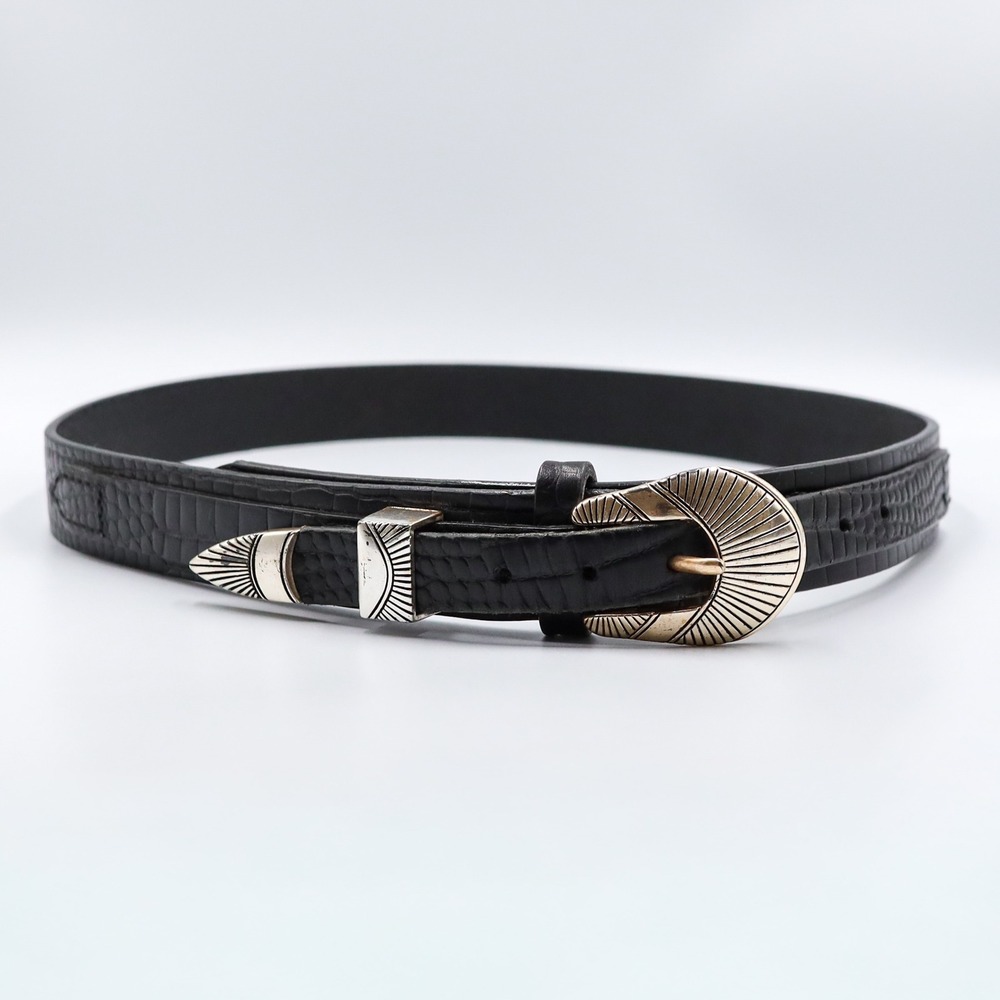 Western Ranger Black Croc Embossed Belt Double Tip Silver Tone Sunburst Buckle - Picture 2 of 12